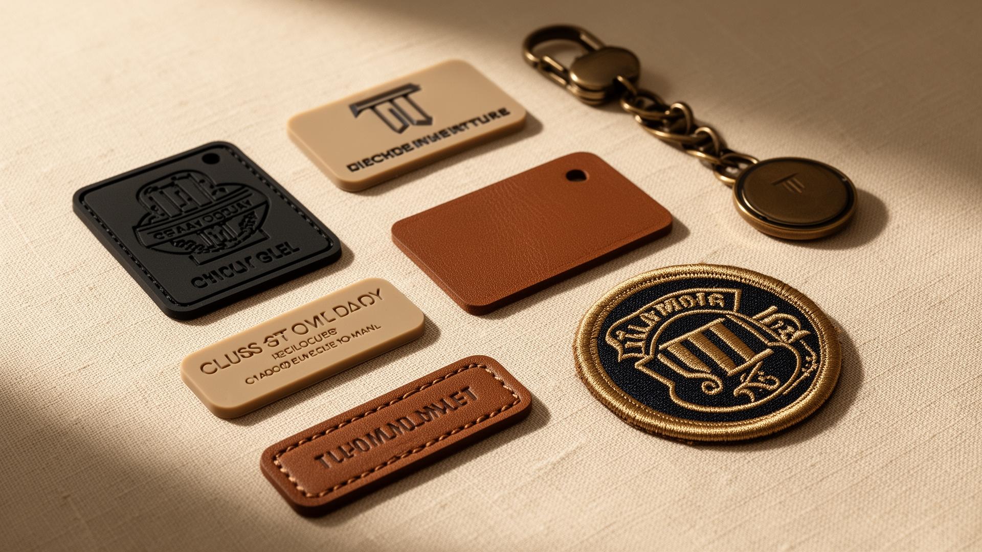 Assortment of Shine CNC Point custom branding products — PVC, leather, silicone and embroidered patches on linen